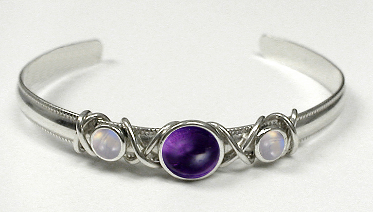 Sterling Silver Hand Made Cuff Bracelet With Amethyst And Rainbow Moonstone